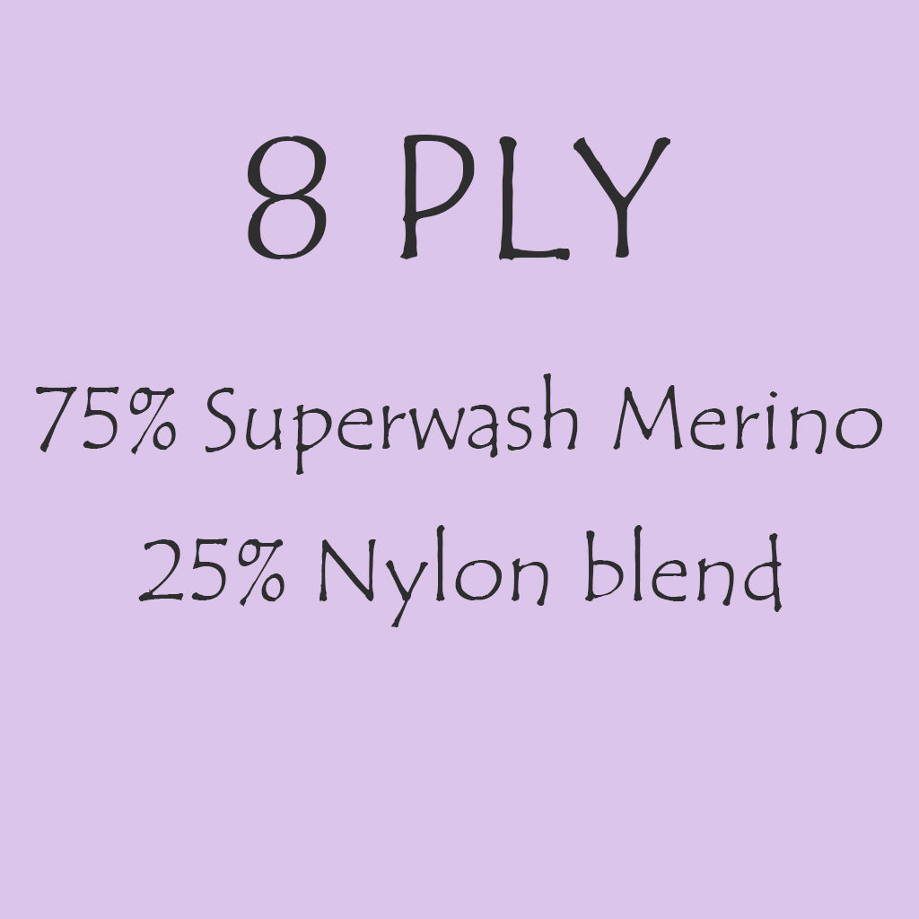8ply/ DK weight 75% Superwash Merino / 25% Nylon, 100g skein, 200m
