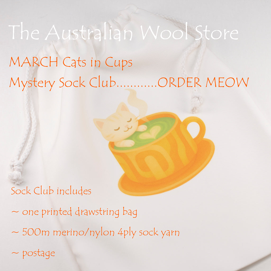 The MARCH 2026 Sock Society Yarn Club - Cats in Cups theme.