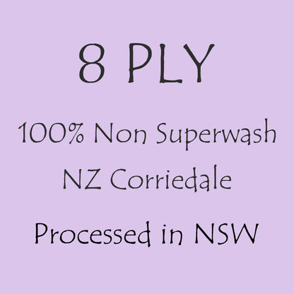 8ply/DK weight, Non Superwash NZ Corriedale processed in NSW, 100g skein, 250m