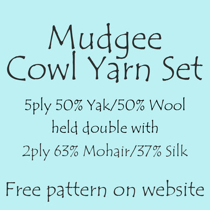 Mudgee Cowl Yarn Set 5ply/Sport weight 50% Yak/50% Wool, 100g skein, 300m PLUS 2ply/Laceweight 63% Mohair/37% Silk 50g skein, 450m